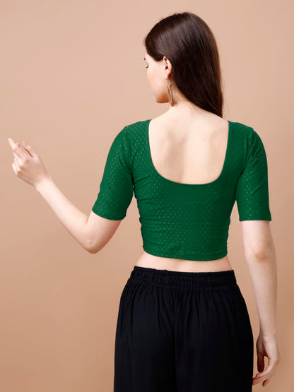 Pujia Mills WomenS Readymade Dobby Cotton Lycra Stretchable Round Neck Half Sleeve Blouse Fancy Green Color Lycra Stretchable B