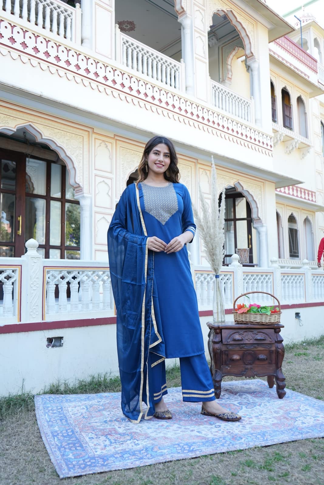 ANNI DESIGNER Women's Ruby Cotton Straight Solid Kurta with Palazzo & Dupatta (Label CEROSIN-Jan40)