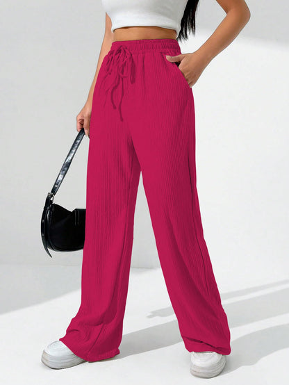 Sugathari Womens Hot Pink Loose Wide-Leg Pants with Textured Wrinkled Fabric and Drawstring Waist Long Trousers (Trouser 157 Ho