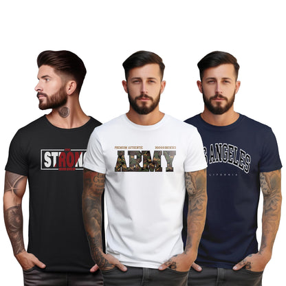 Peppyzone S to 5XL Stylish Printed Cotton Round Neck Tshirt for Men - 100% Cotton, Half Sleeve, Combo Pack of 3 T Shirts for Men