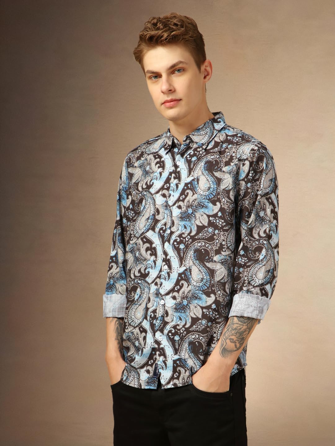 Dennis Lingo Men Regular Fit Cotton Full Sleeves Ethinc Print Casual Shirts Blue