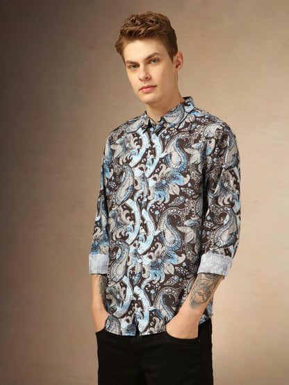 Dennis Lingo Men Regular Fit Cotton Full Sleeves Ethinc Print Casual Shirts Blue
