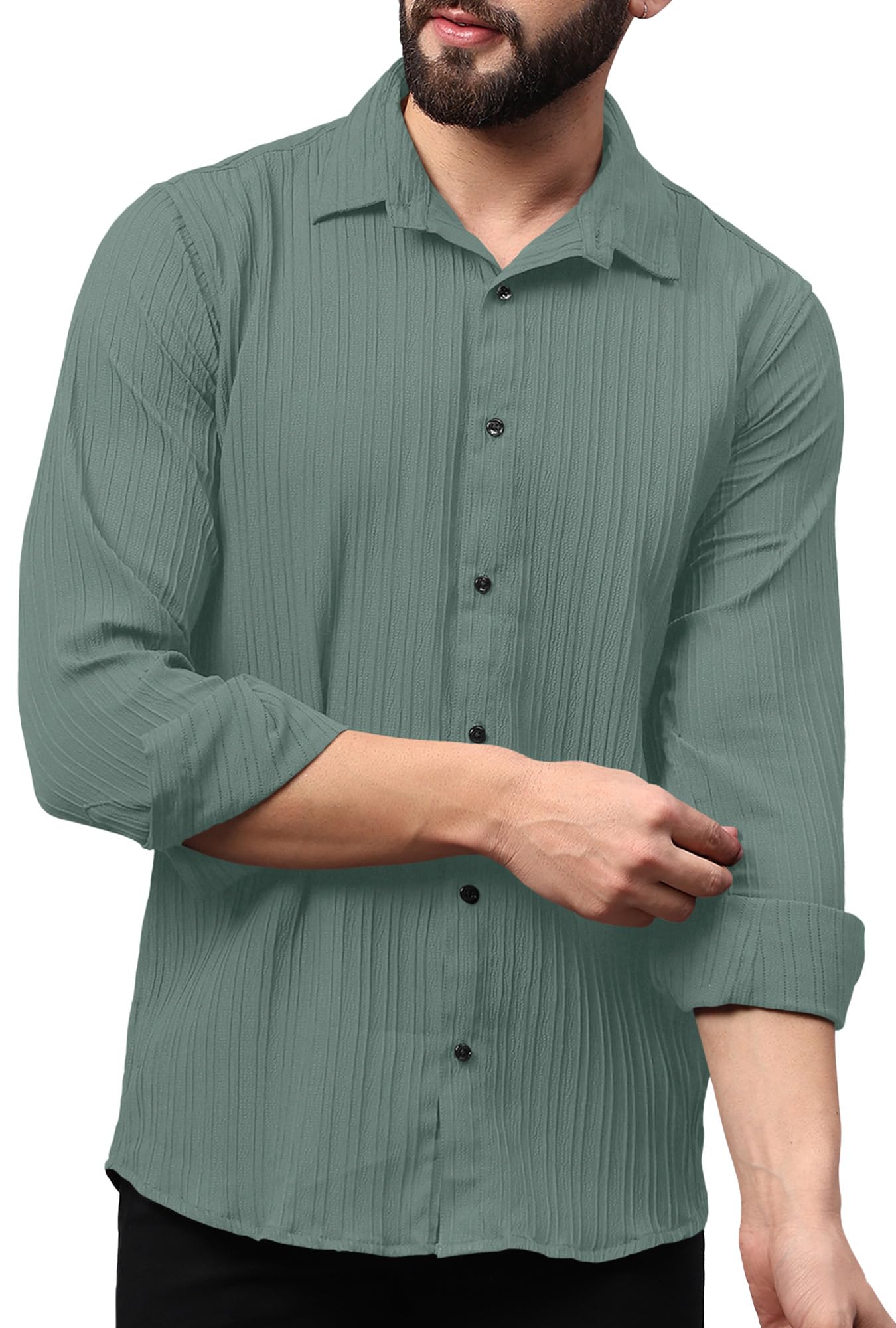 Finivo Fashion MenS Casual Button Down Shirts Long Sleeve Linen Shirt Fashion Textured Beach Summer Shirts Green
