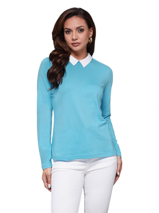 Dolce Crudo Womens Shirt Collar Full Sleeve Solid Basic Regular-Length Cotton Top (DOAW25DEN62-78-385-06, Celestial Blue, XL)