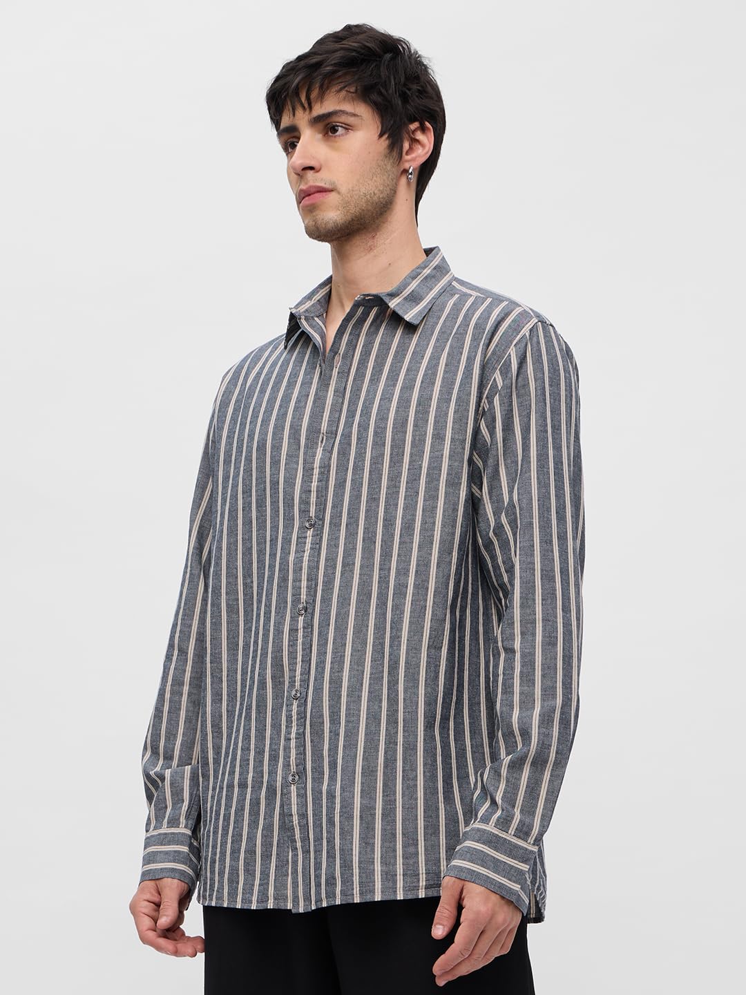 The Souled Store Cotton Linen Stripes: Azure Men and Boys Long Sleeves Collared Neck Button Front Regular Fit Cotton Linen Shirt