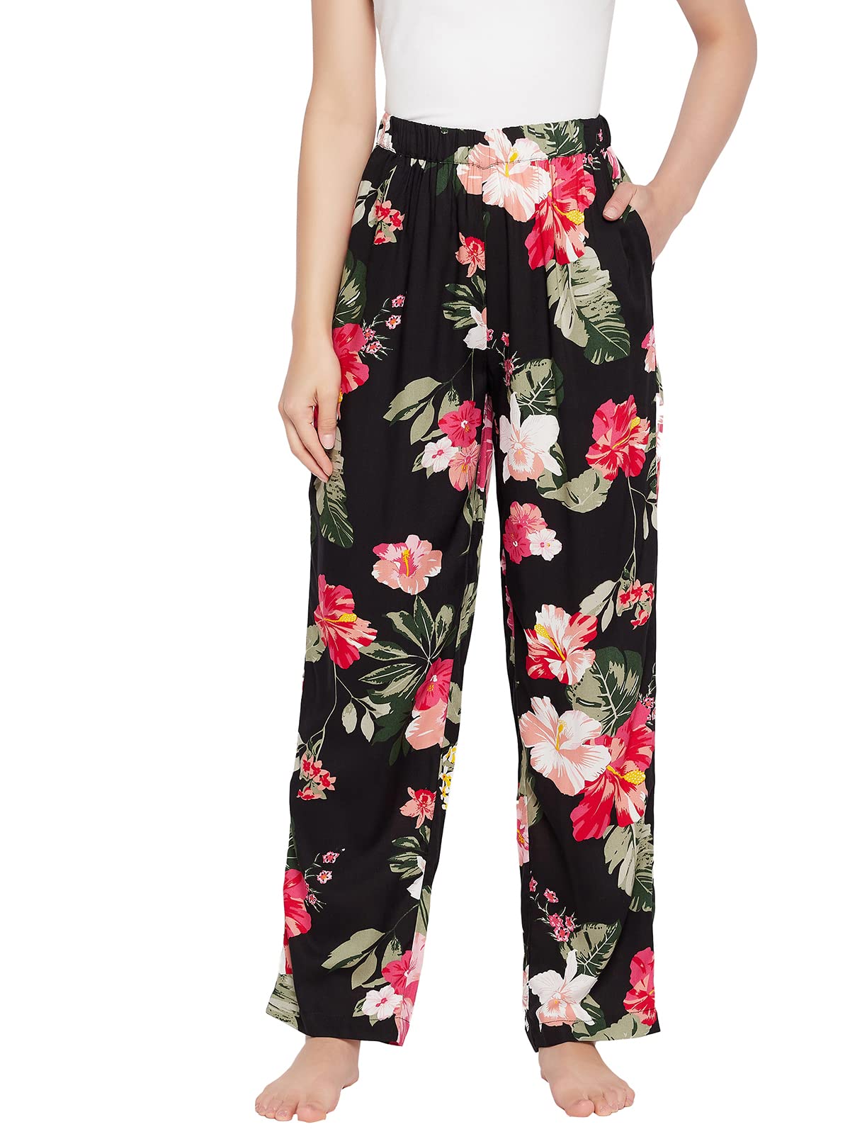 Clovia Womens Cotton Pretty Florals Pyjama with Pocket (LB0179A13_Black_XXL)