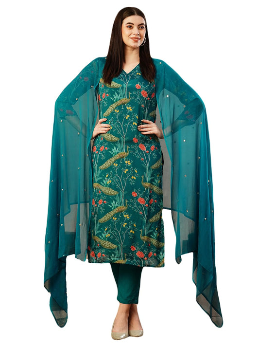 Gosriki WomenS Cotton Blend Straight Printed Kurta With Pant & Dupatta (Geto Rama-Nw-Gs_M_Green_Medium)