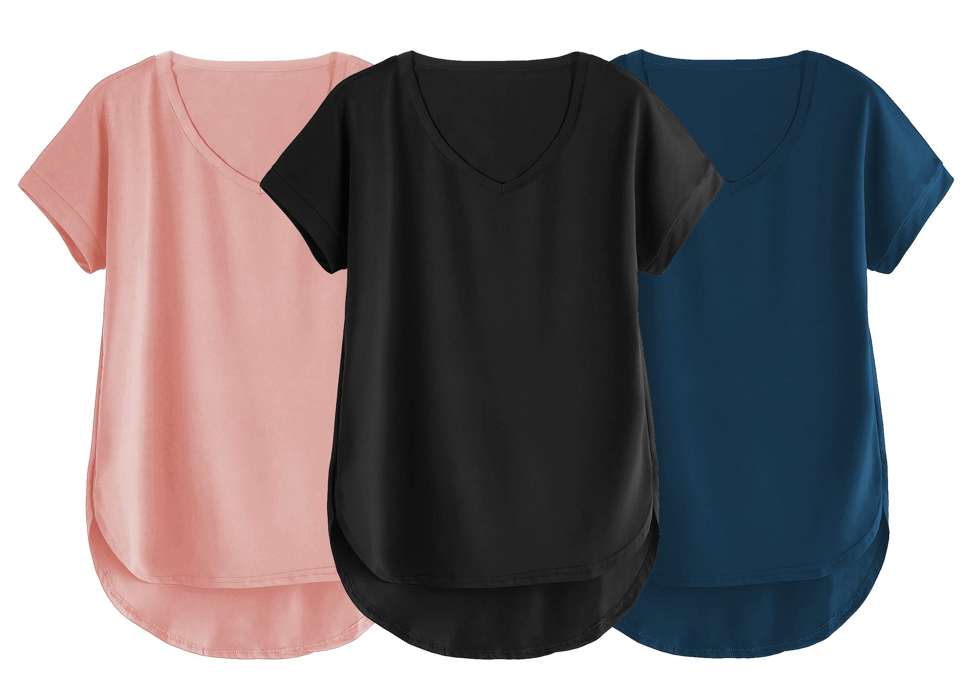 Fabricorn Combo Of Three Plain Black, Dusty Rose And Airforce Blue V-Neck Up And Down Cotton Tshirt For Women (Black, Dusty Rose