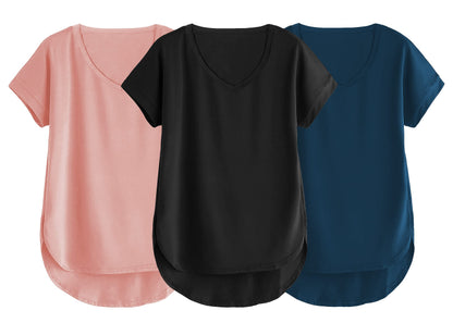 Fabricorn Combo Of Three Plain Black, Dusty Rose And Airforce Blue V-Neck Up And Down Cotton Tshirt For Women (Black, Dusty Rose