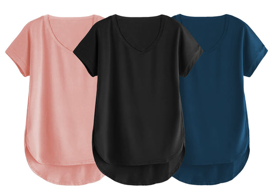 Fabricorn Combo Of Three Plain Black, Dusty Rose And Airforce Blue V-Neck Up And Down Cotton Tshirt For Women (Black, Dusty Rose
