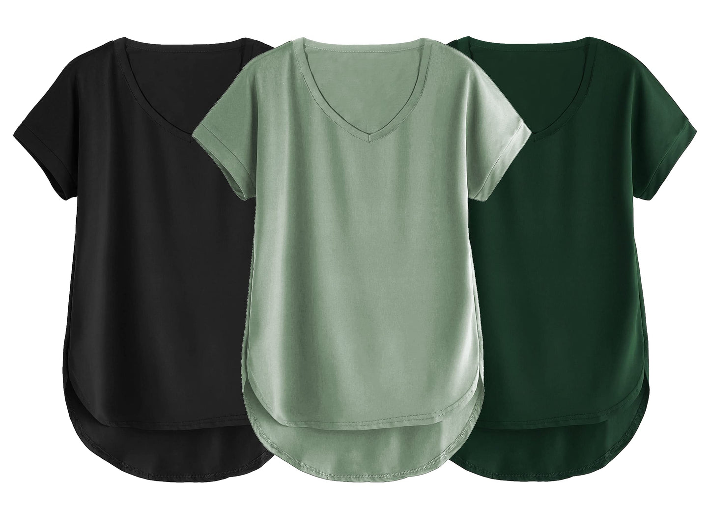 Fabricorn Combo Of Three Plain Bottle Green, Black And Sage Green V-Neck Up And Down Cotton Tshirt For Women (Bottle Green, Blac