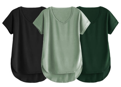 Fabricorn Combo Of Three Plain Bottle Green, Black And Sage Green V-Neck Up And Down Cotton Tshirt For Women (Bottle Green, Blac