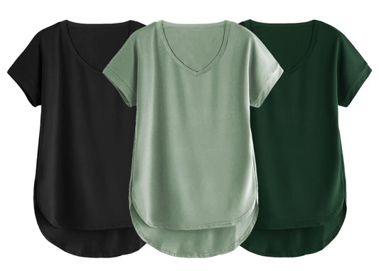 Fabricorn Combo Of Three Plain Bottle Green, Black And Sage Green V-Neck Up And Down Cotton Tshirt For Women (Bottle Green, Blac