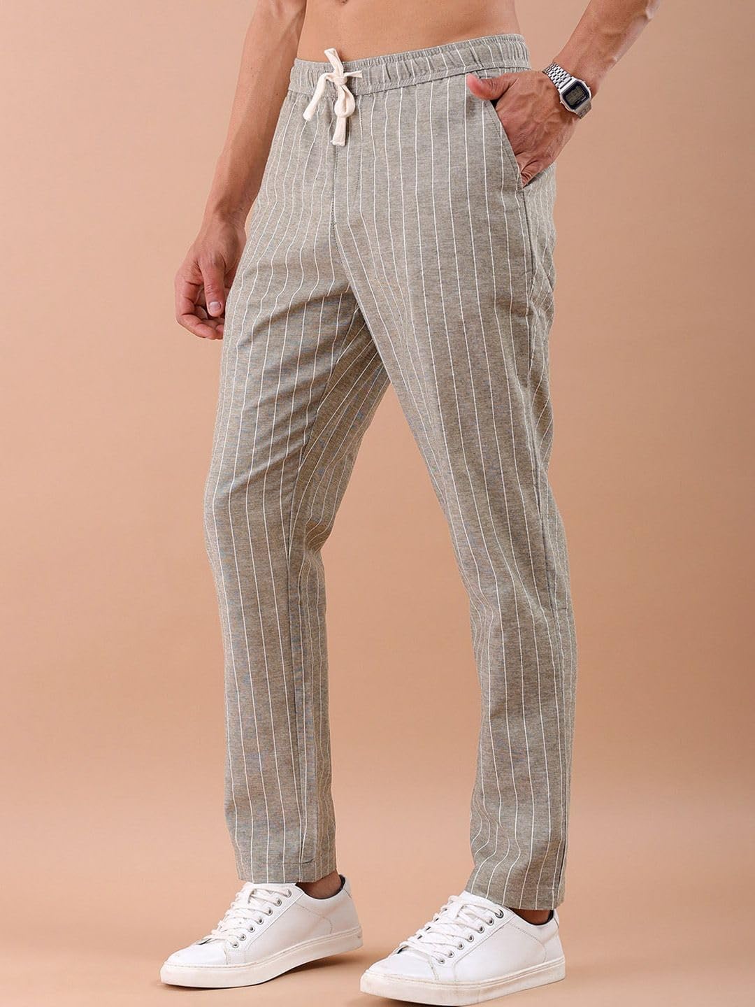 The Indian Garage Co Men Regular Fit Vertical Striped Mid-Rise Elasticated Trousers Olive