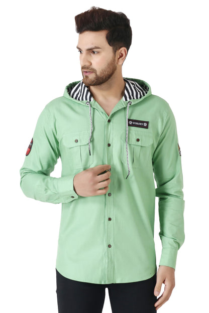 Besix MenS Green Tailored Fit Cotton Blend Shirt For Man With Hoodie - Casual Long Sleeve Shirt With Pockets - Patch Detail For