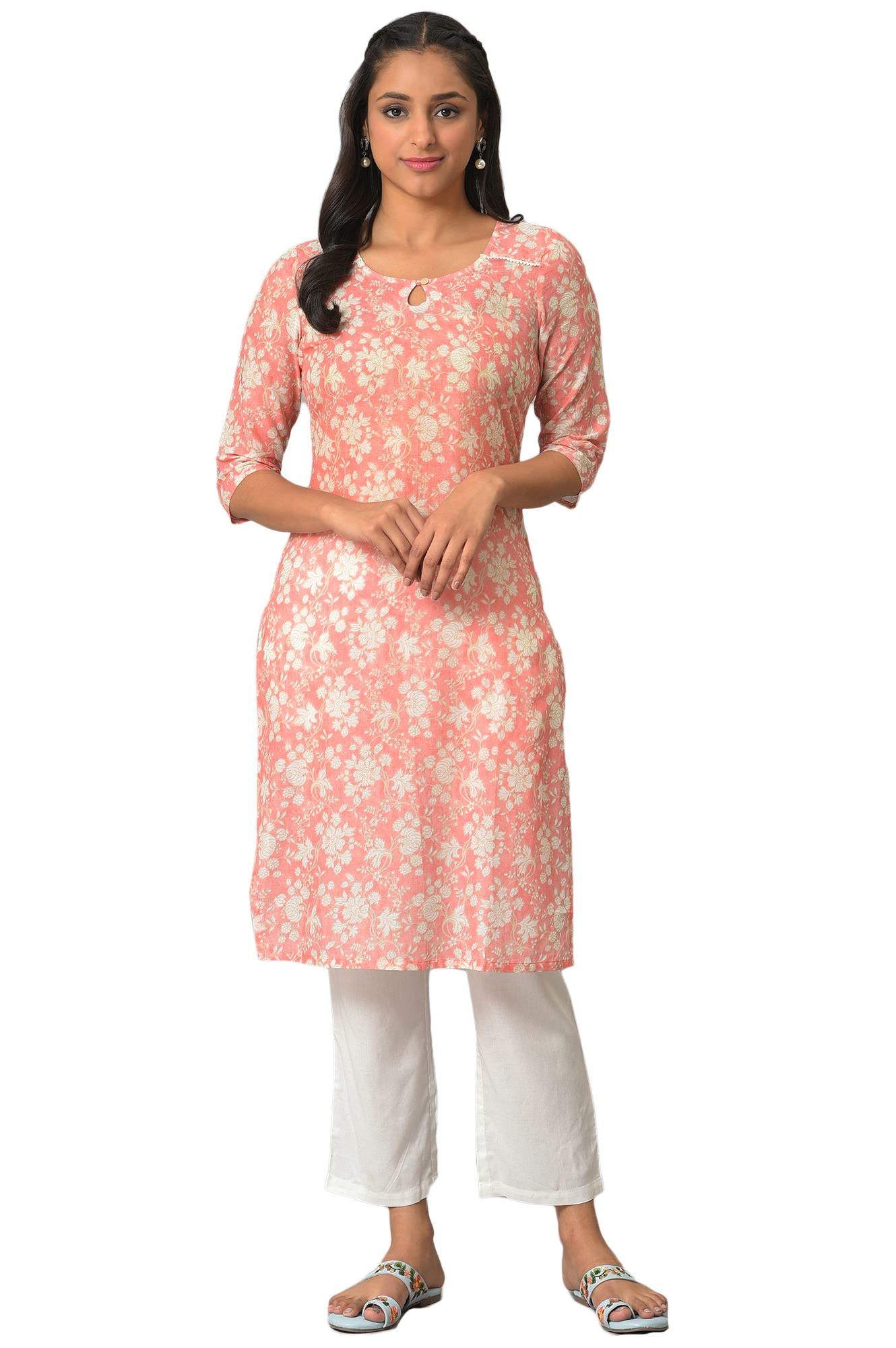 Orange Floral Printed Plus Size Cotton Kurta