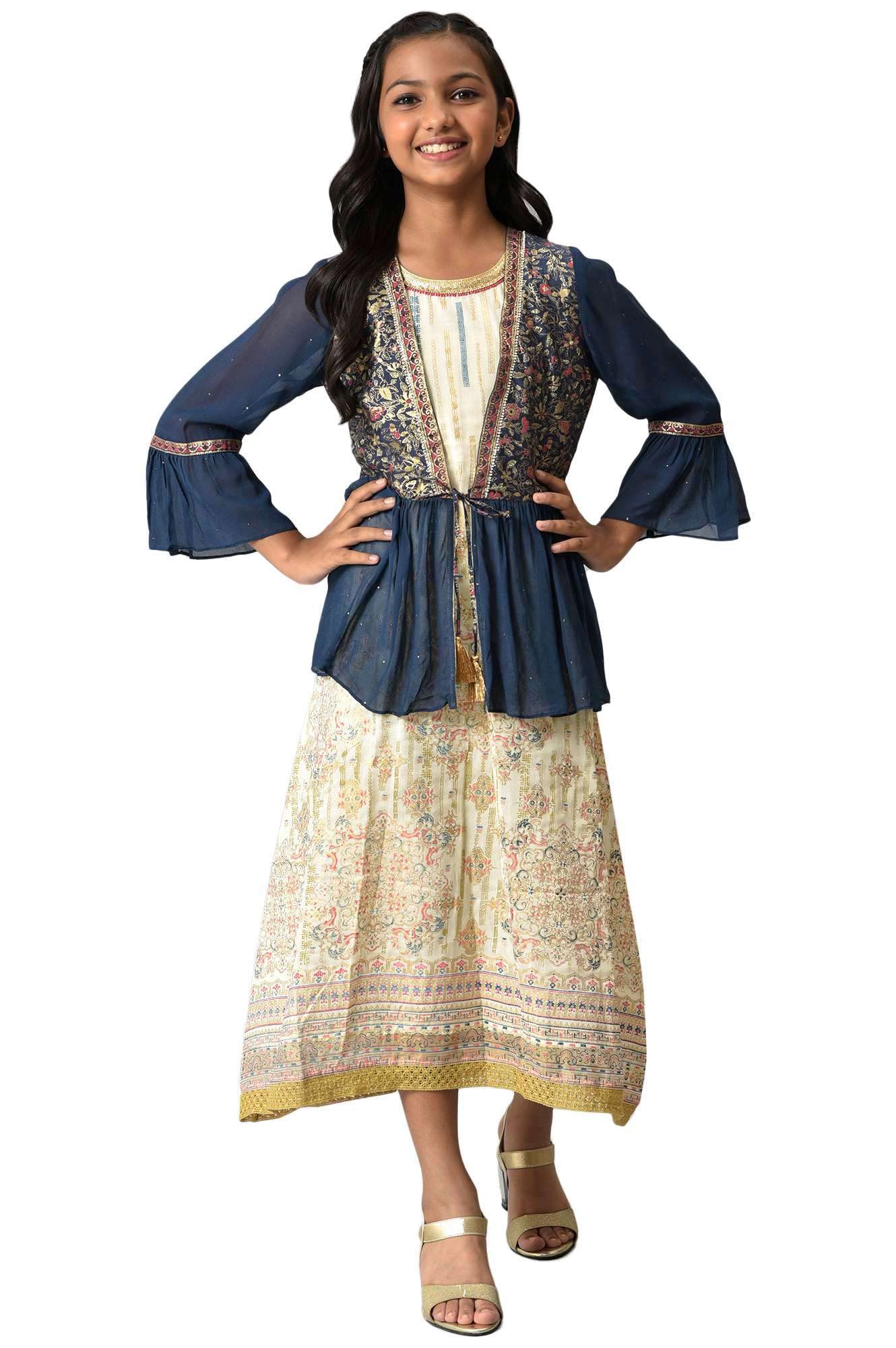 Aurelia Girl's Navy Blue Viscose Blend Floral Printed Flared Dress with Gillet_22AUG10264C-504847_14-15