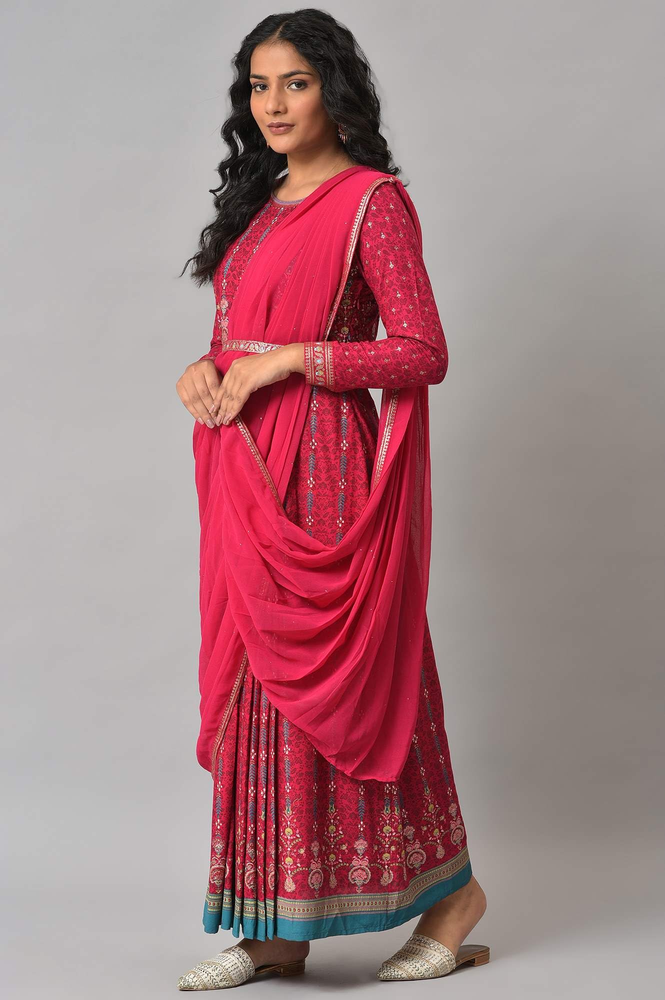 W For Woman Dark Pink Ethnic Motif Stylised Dress