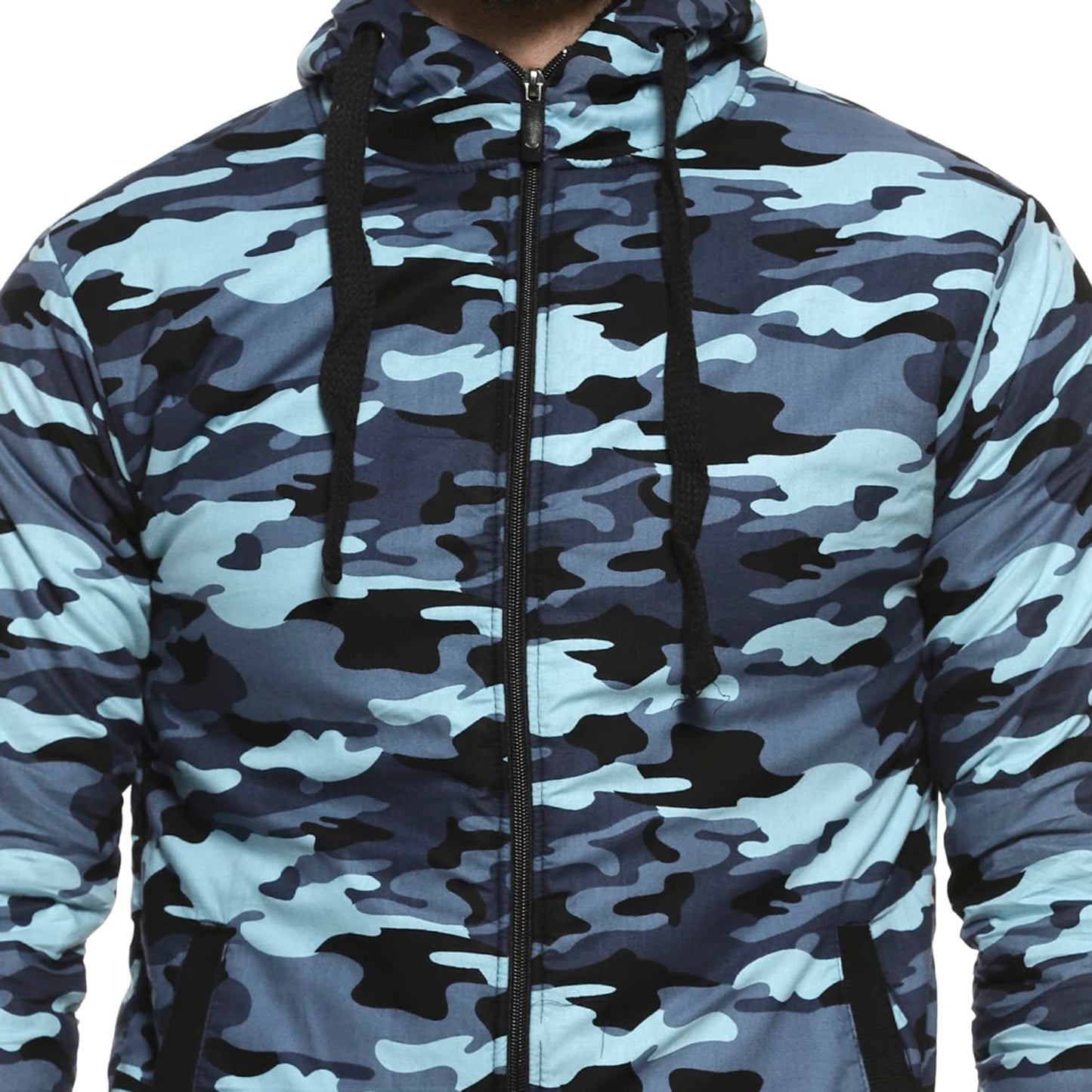 Campus Sutra Mens Light Blue Camouflage Regular Fit Cotton Jacket For Winter Wear,Hooded Collar,Full Sleeve,Zipper,Casual Jacke