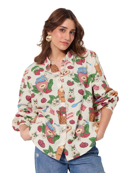 The Souled Store Cotton Linen: Strawberry Women and Girls Long Sleeves Collared Neck Button Front Off White All Over Printed Rel