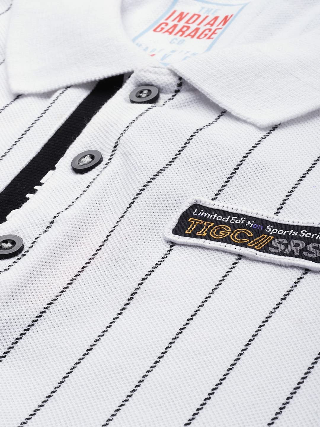 The Indian Garage Co Men Slim Fit Striped Polo Collar Tshirt White