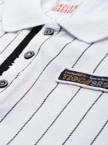 The Indian Garage Co Men Slim Fit Striped Polo Collar Tshirt White