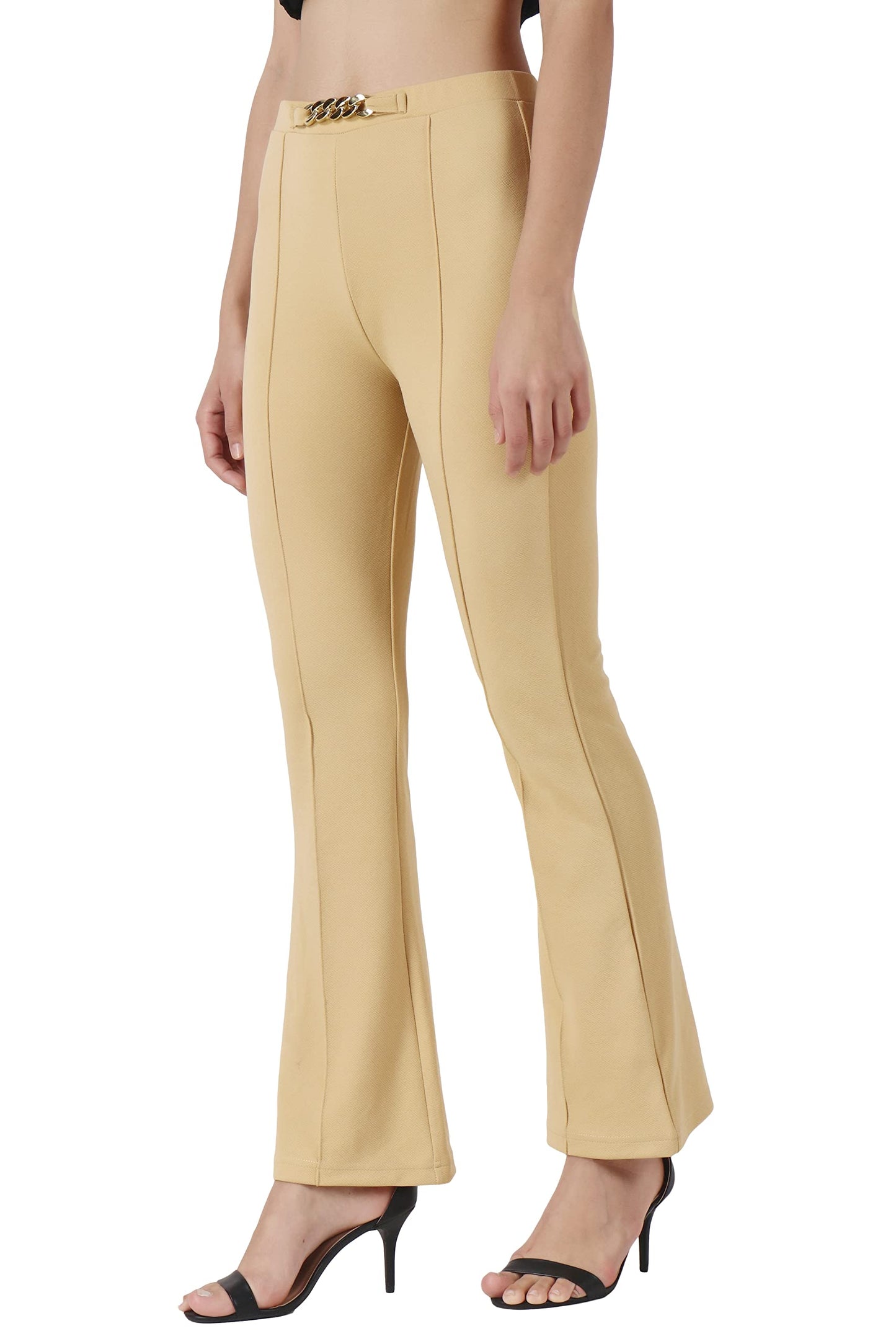 POPWINGS Solid Full-Length Polyester Regular-Fit Trouser Pants for Women for Casual and Semi Formal Wear Golden Skin