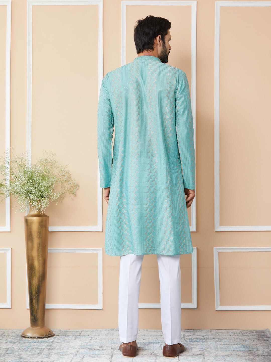 See Designs MenS Long Sleeve Mandarin Collar Side Slit Ice Green Embroidered Thread Work Sequinned Chanderi Silk Straight Kurta