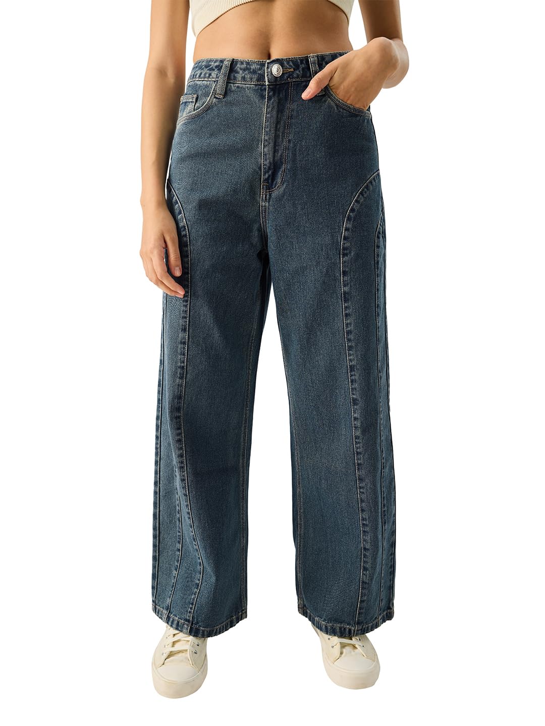 The Souled Store Spruce Women & Girls Solid Oversized Wide Leg Fit Baggy Mid Rise Cotton Blue Jeans