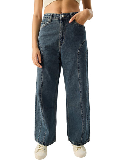 The Souled Store Spruce Women & Girls Solid Oversized Wide Leg Fit Baggy Mid Rise Cotton Blue Jeans