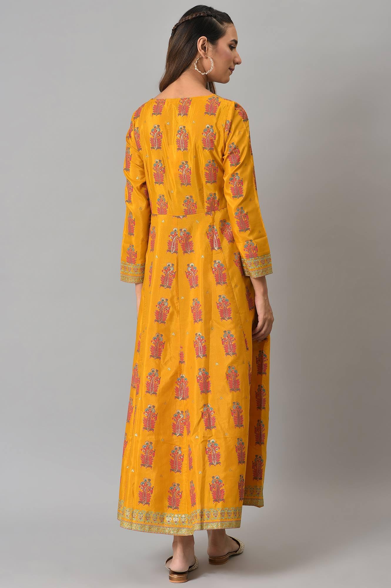 W For Woman Yellow Floral Printed Synthetic Maxi Dress With Embroidery