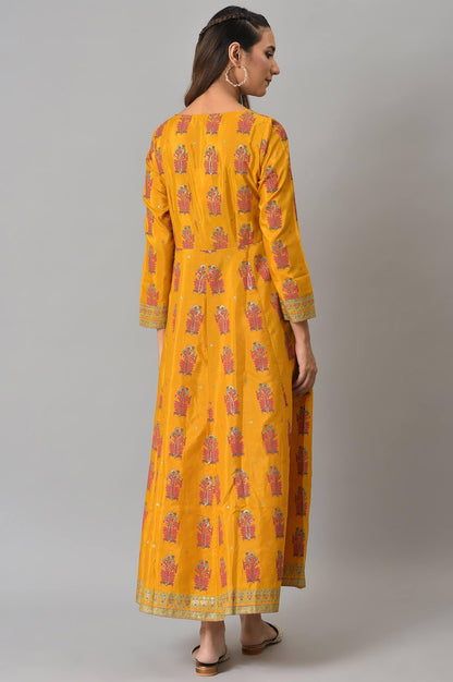 W For Woman Yellow Floral Printed Synthetic Maxi Dress With Embroidery