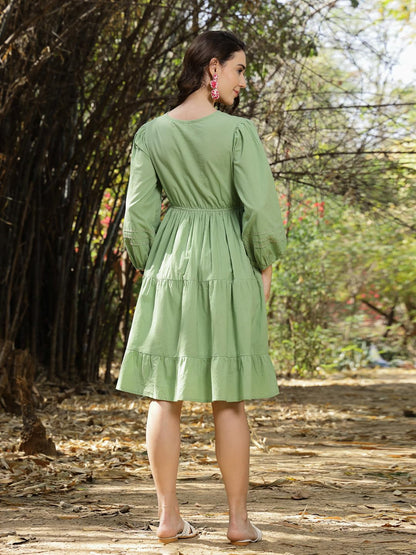 Stylum Womens Solid & Embroidered Cotton Tiered Dress Pista Green