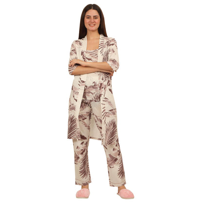 Sweet Dreams Women Printed 3 Piece Set Brown