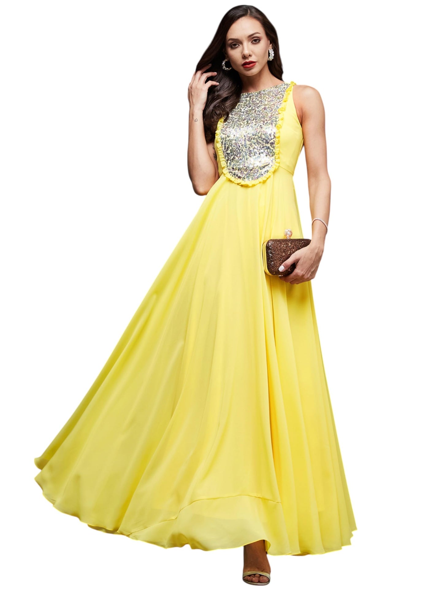 Miss Chase Womens Round Neck Sleeveless Embellished Frilled Georgette Maxi Dress (MCSS23D06-69-29-06, Yellow, XL)