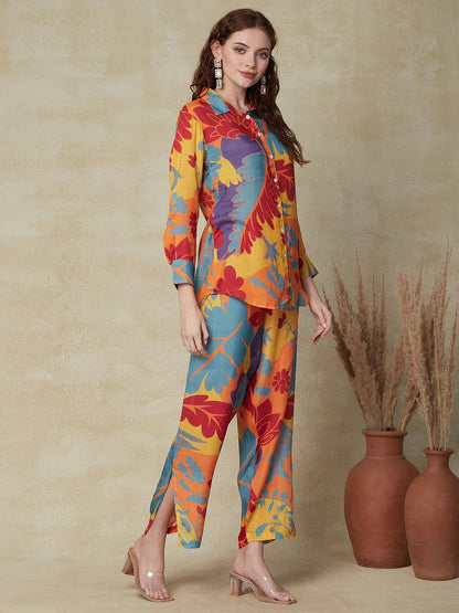 PATLANI Womens Co-ord Set (Red leavs Printed Crop Shirt & Elasticated Waist Pant Set)