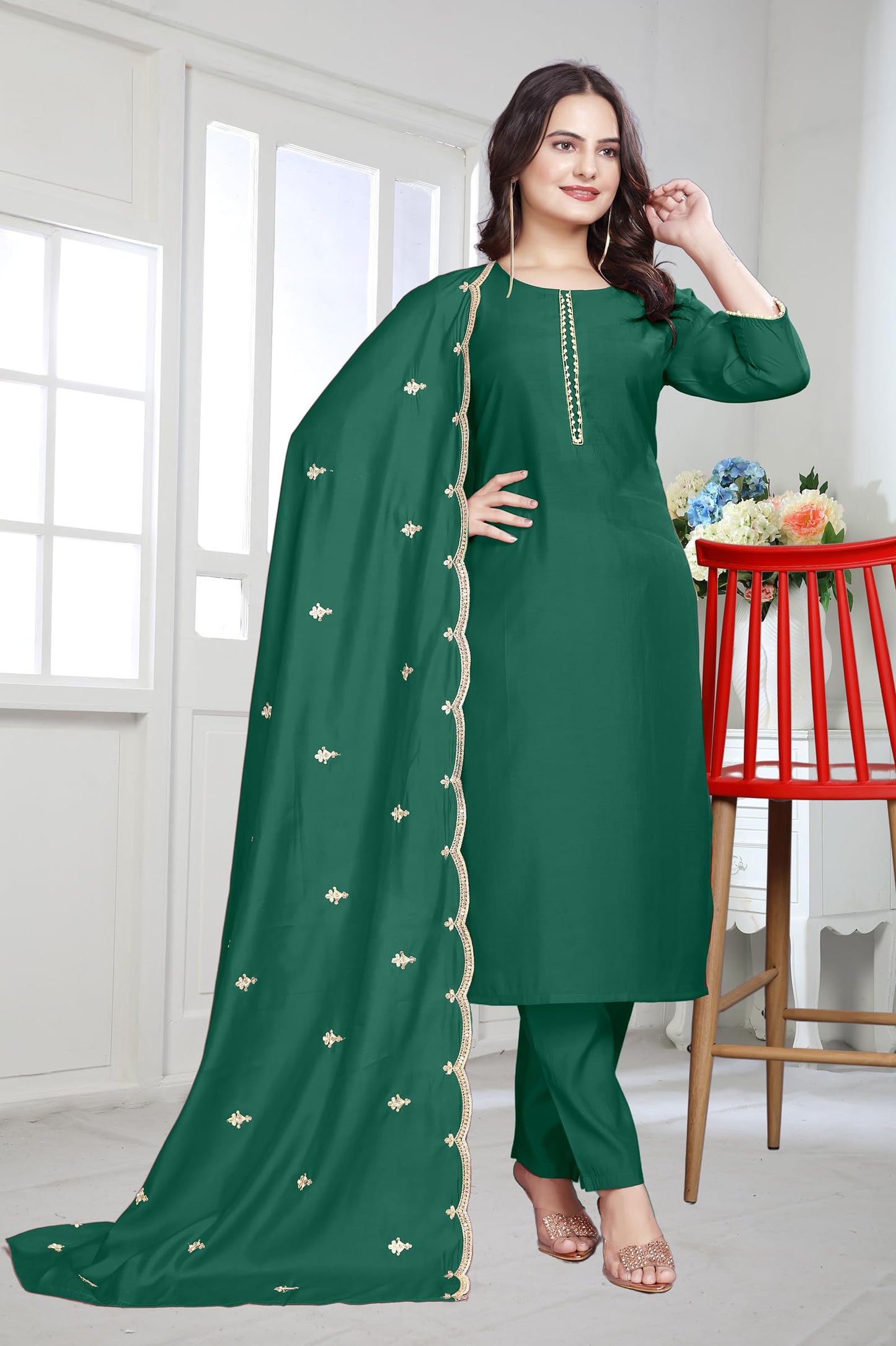 Satpurush WomenS Green Cotton Silk Round Neck 3/4Th Sleeve Floral Embroidery Straight Kurta Salwar Suit Set With Pant(Bvm-152-A