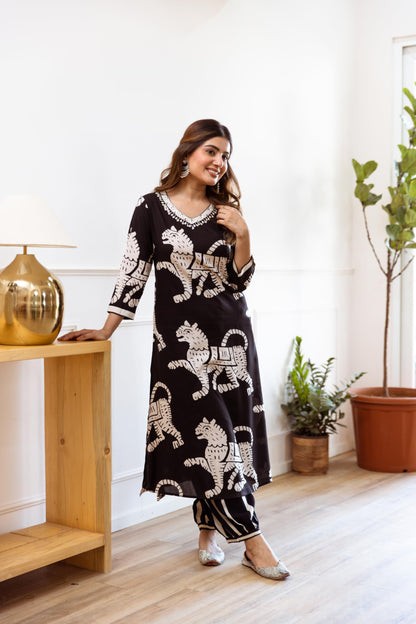 Ishin Black Rayon Quirky Printed Kurta With Pants