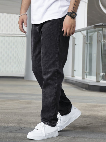 AVANOVA Mens Black Slant Pocket Wide Leg Jeans  Casual Loose Fit Denim Pants, Cotton Blend Trousers with Slant Pockets for Daily