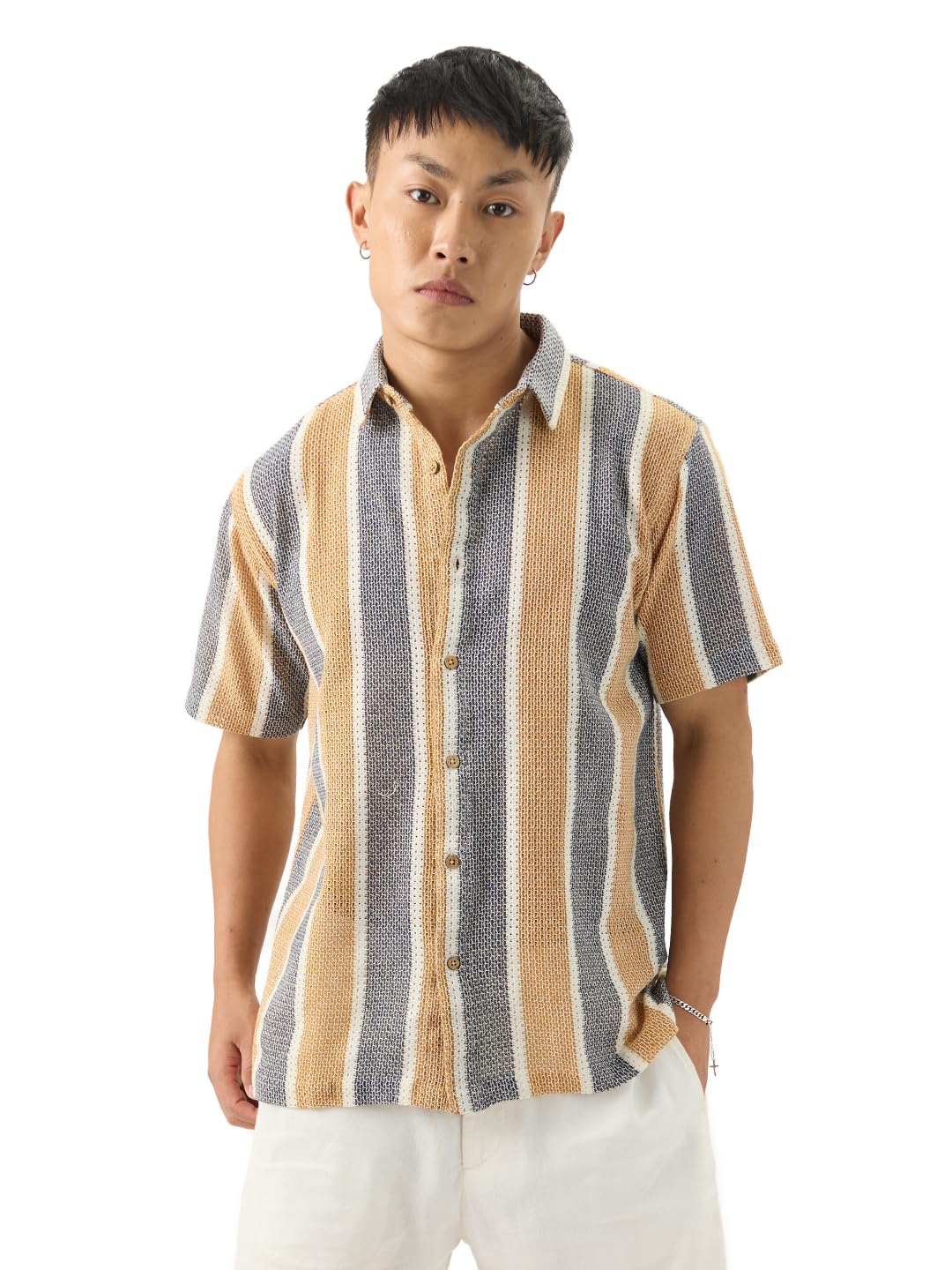 The Souled Store Stripes: Black, Brown Men and Boys Collared Neck Button Down Cotton Half Sleeve Shirts