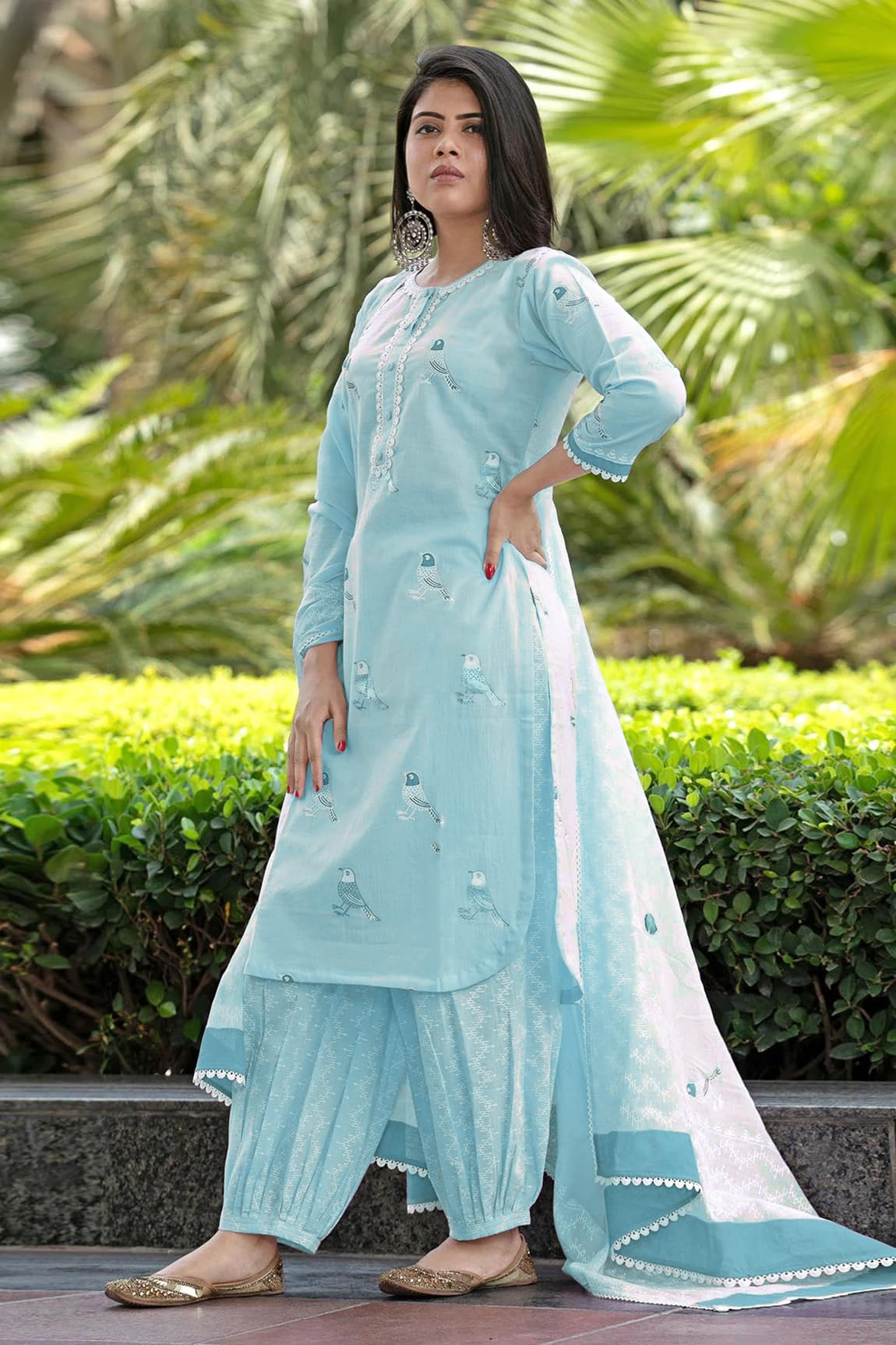 GoSriKi Women's Hand Printed Rayon Kurta with Pants & Dupatta, Blue, Medium, Model RAGSRI-VKS01-GS