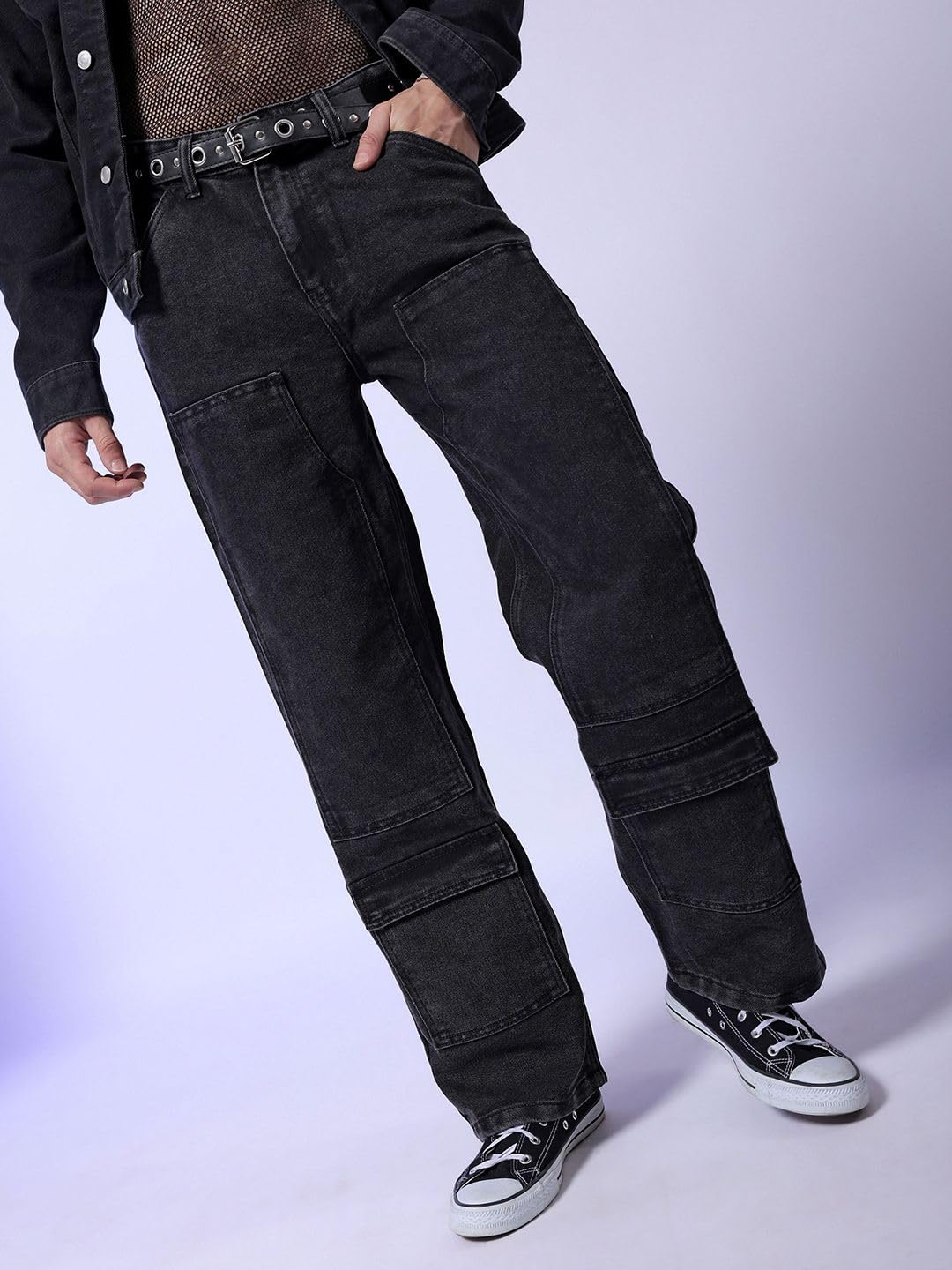 The Indian Garage Co Men Baggy Solid Mid-Rise Carpenter Utility Denim