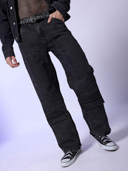 The Indian Garage Co Men Baggy Solid Mid-Rise Carpenter Utility Denim