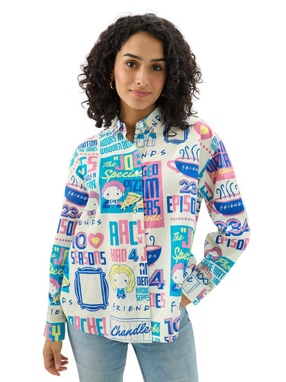 The Souled Store Official Friends: Doodle 100% Cotton Women & Girls Long Sleeve Spread Collared Neck Button Front Multicolor All