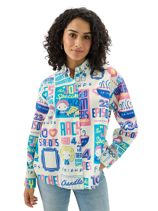 The Souled Store Official Friends: Doodle 100% Cotton Women & Girls Long Sleeve Spread Collared Neck Button Front Multicolor All