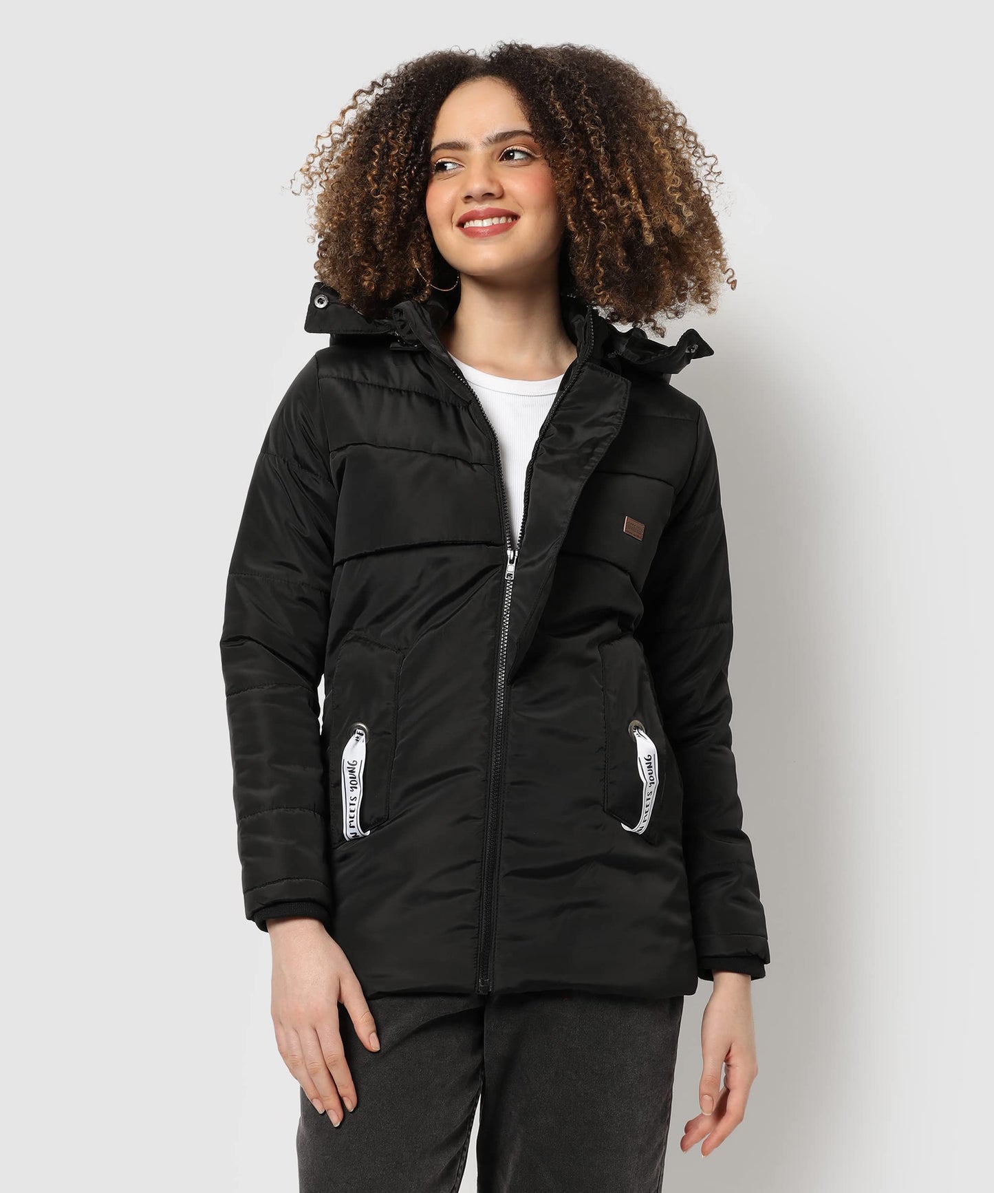 Campus Sutra Womens Black Hooded Puffer Regular Fit Bomber Jacket For Winter Wear | Standing Collar | Full Sleeve | Zipper | Ca