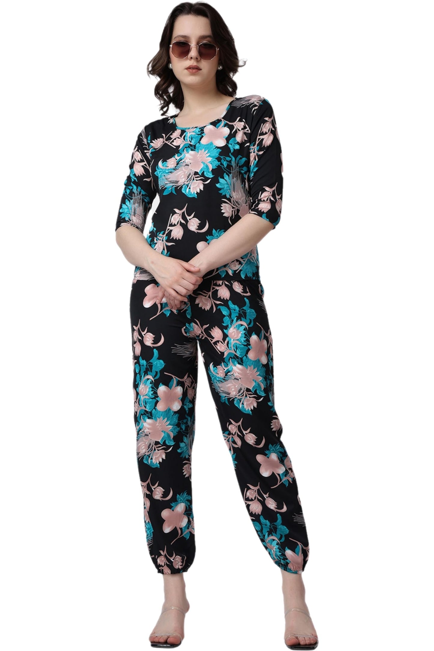 POPWINGS Casual Printed Top and Joggers Set for Women || Stylish Summer Co-Ords Set for Women || Round-Neck Top and Joggers Comb