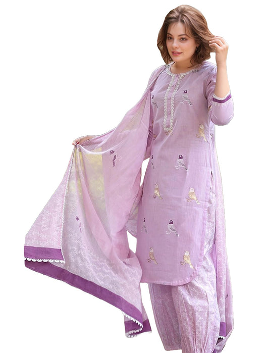 ANNI DESIGNER Ladies Hand Printed Straight Blended Rayon Kurta with Pants and Dupatta, purple, XL