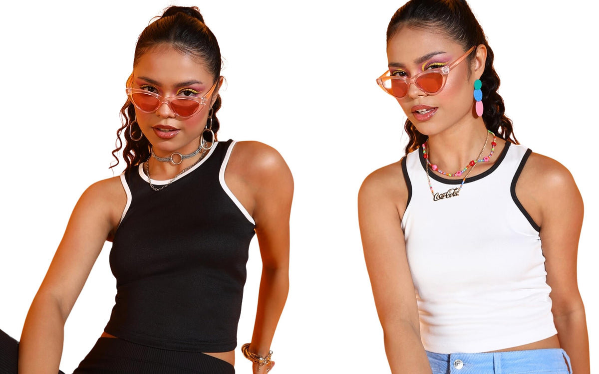 POPWINGS Casual Solid Round-Neck Sleeveless Summer Wear Tank Tops Combo for Women White Black