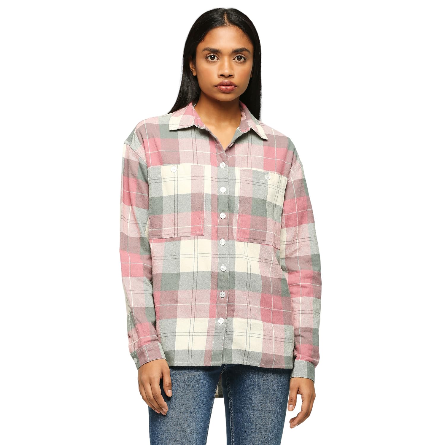 Pepe Jeans WomenS Checkered Oversized Fit Shirt (Pl304783_Pink
